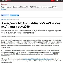 Operaes de M&A contabilizam R$ 54,3 bilhes no 1 trimestre de 2018